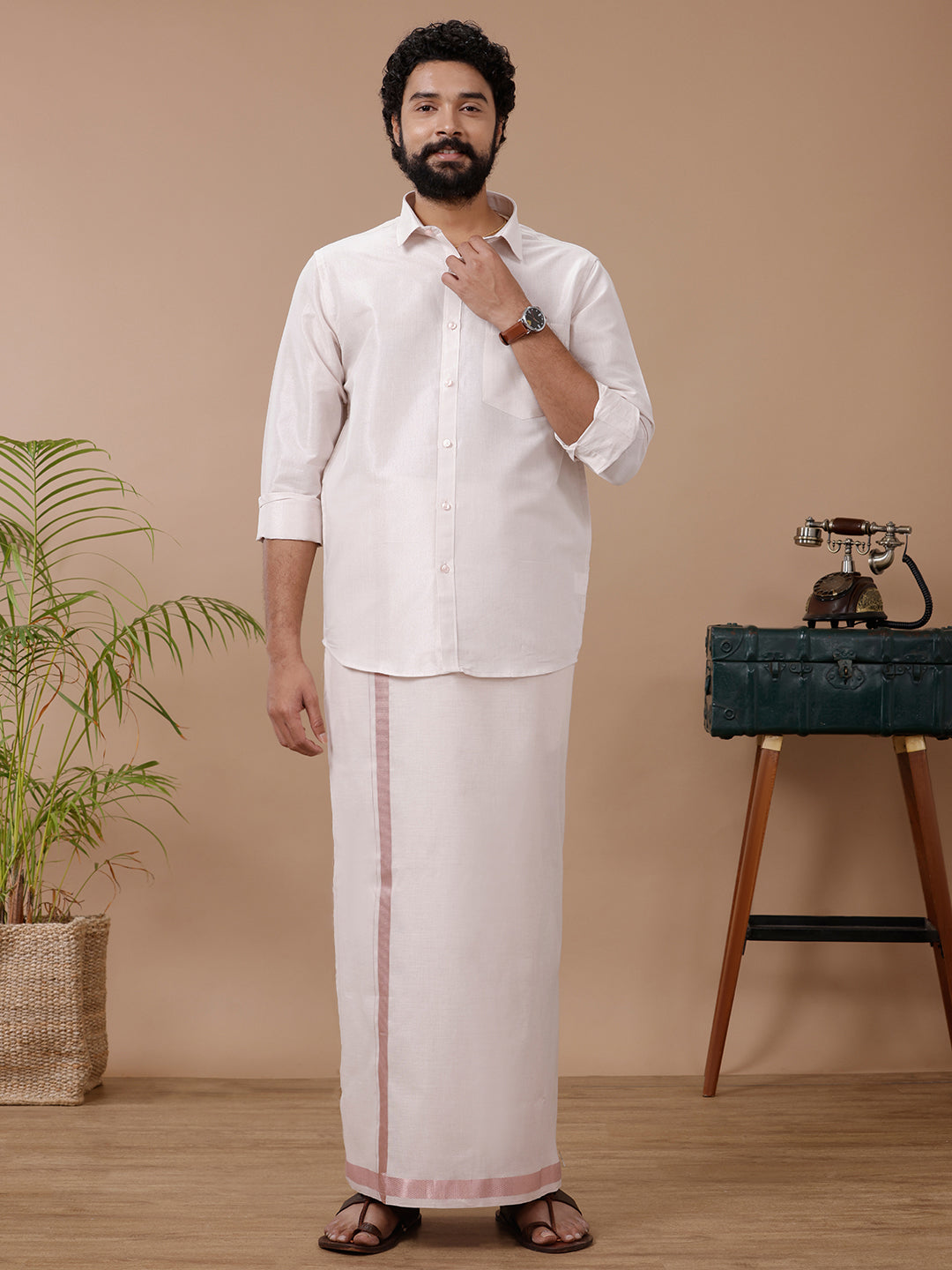 Mens Tissue Rose Gold Dhoti & Full Sleeves Shirt Set