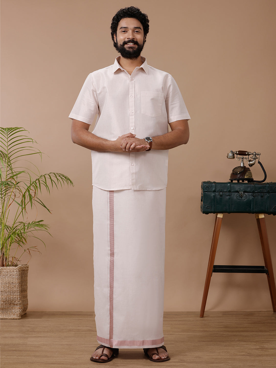 Mens Tissue Rose Gold Dhoti & Half Sleeves Shirt Set