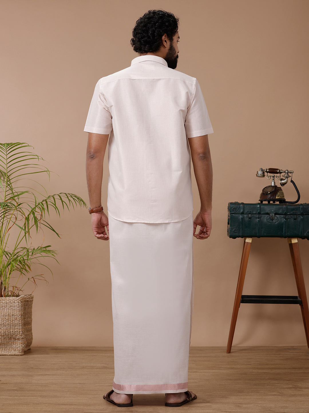 Men Tissue Rose Gold Dhoti & Half Sleeves Shirt Set