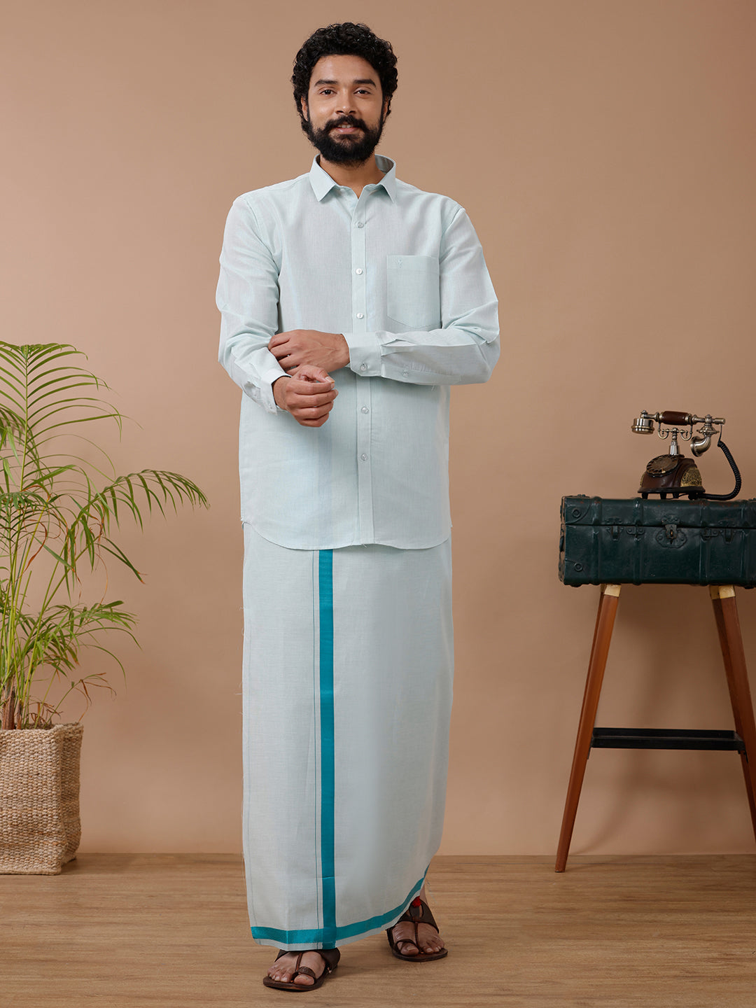 Men Tissue Ramar Green Dhoti & Full Sleeves Shirt Set