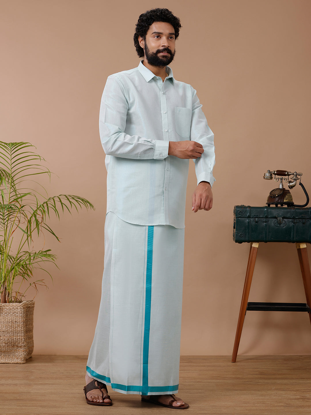 Men Tissue Ramar Green Dhoti & Full Sleeves Shirt Set