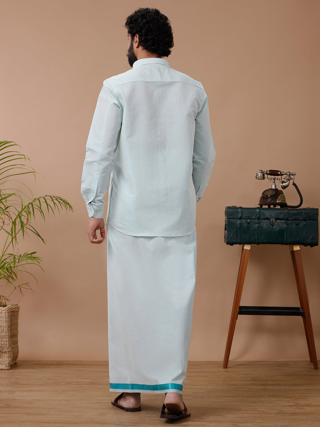 Men Tissue Ramar Green Dhoti & Shirt Set