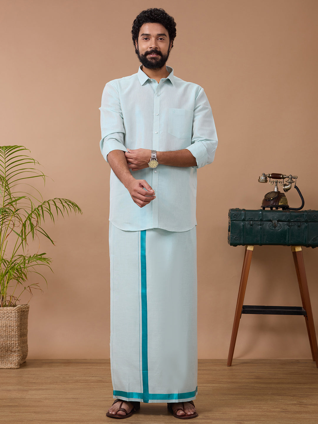 Men Tissue Ramar Green Dhoti & Full Sleeves Shirt Set