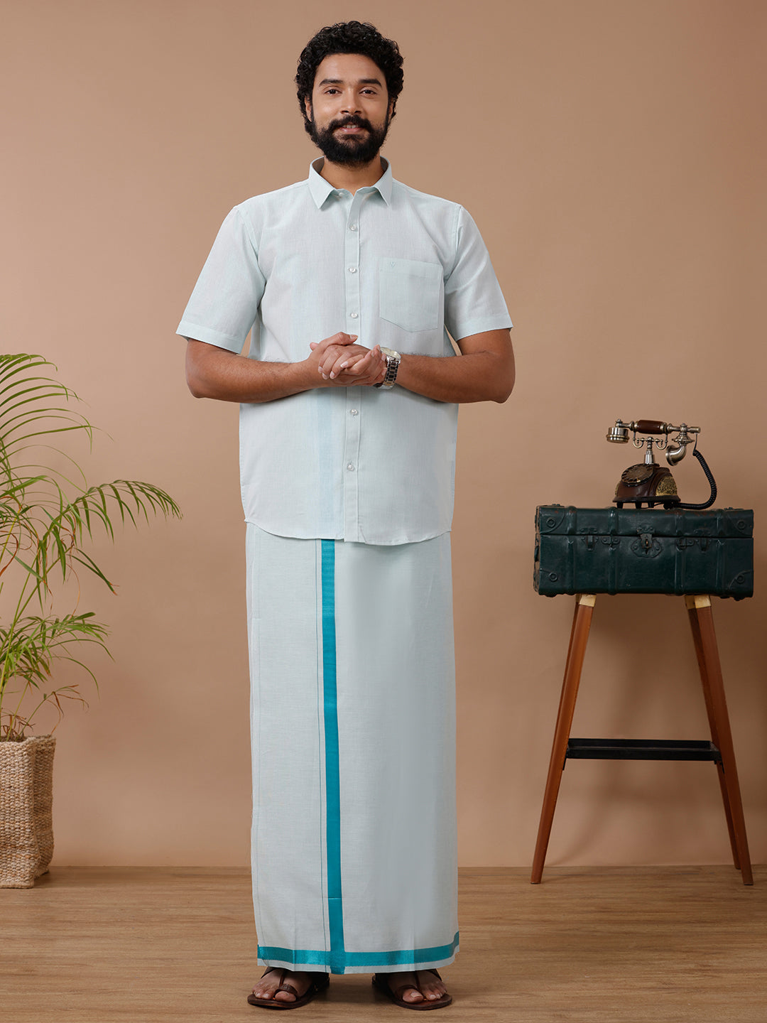 Couple Combo Shirt & Dhoti Set with Saree Ramar Green