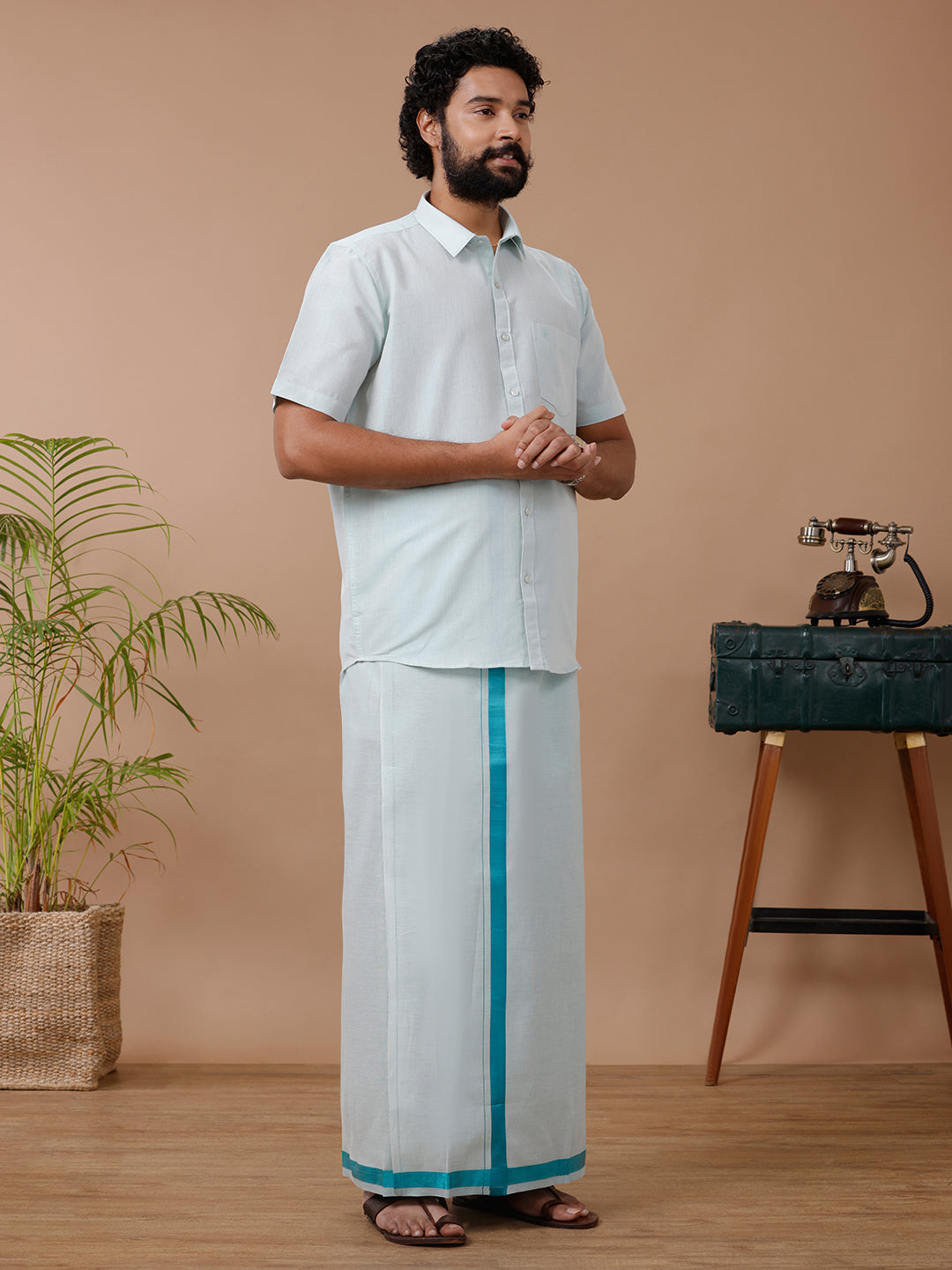 Mens Tissue Ramar Green Dhoti & Half Sleeves Shirt Set