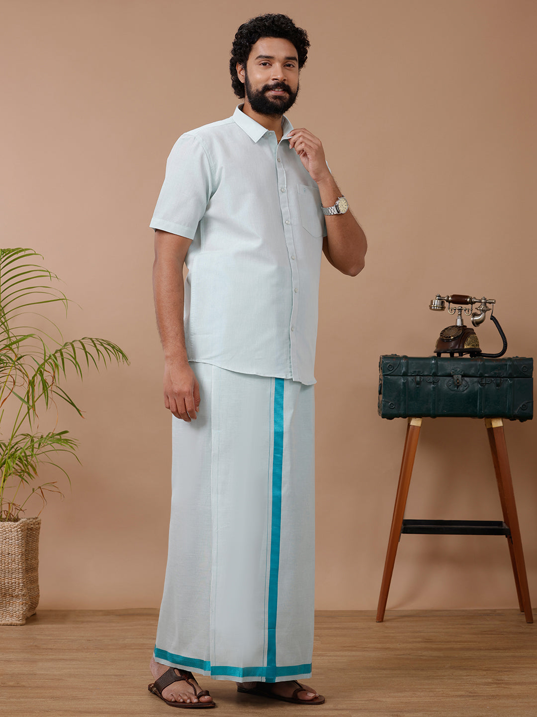 Mens Tissue Ramar Green Dhoti & Half Sleeves Shirt Set