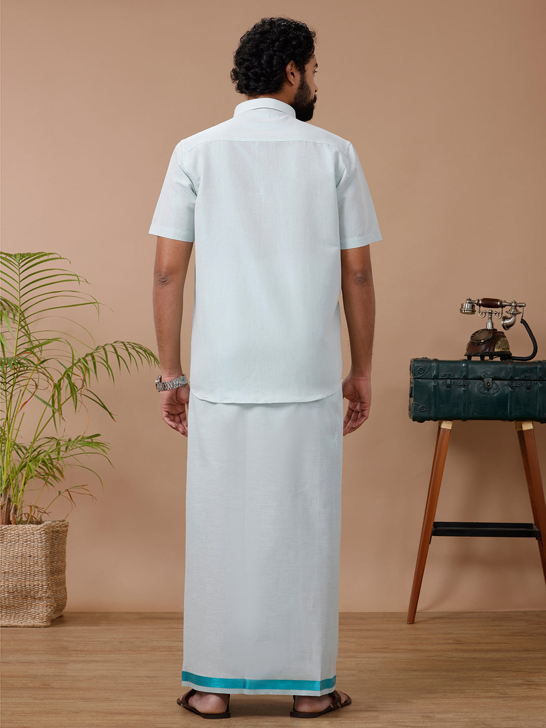 Men Tissue Ramar Green Dhoti & Half Sleeves Shirt Set