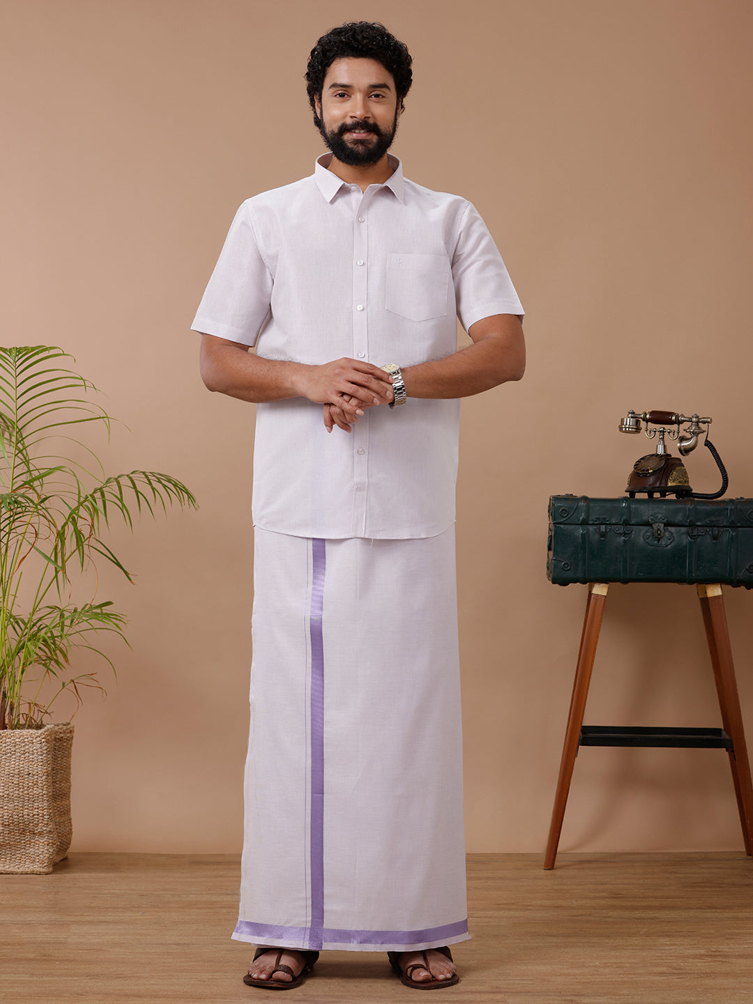 Men Tissue Lavender Dhoti & Half Sleeves Shirt Set