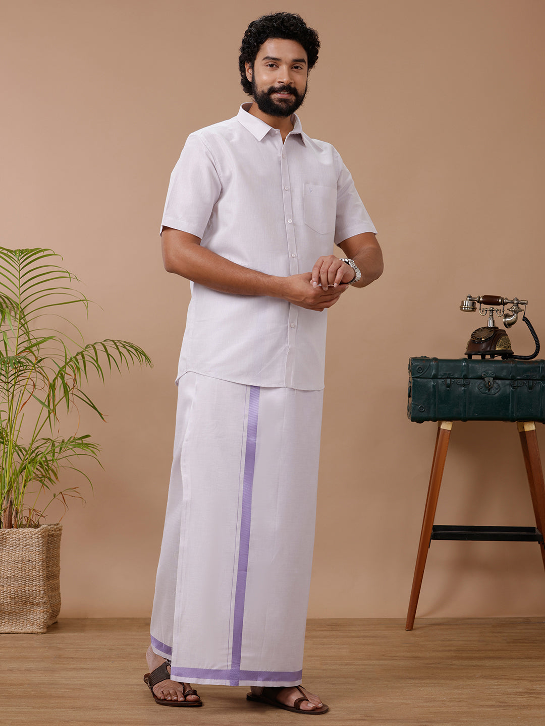 Men Tissue Lavender Dhoti & Half Sleeves Shirt Set