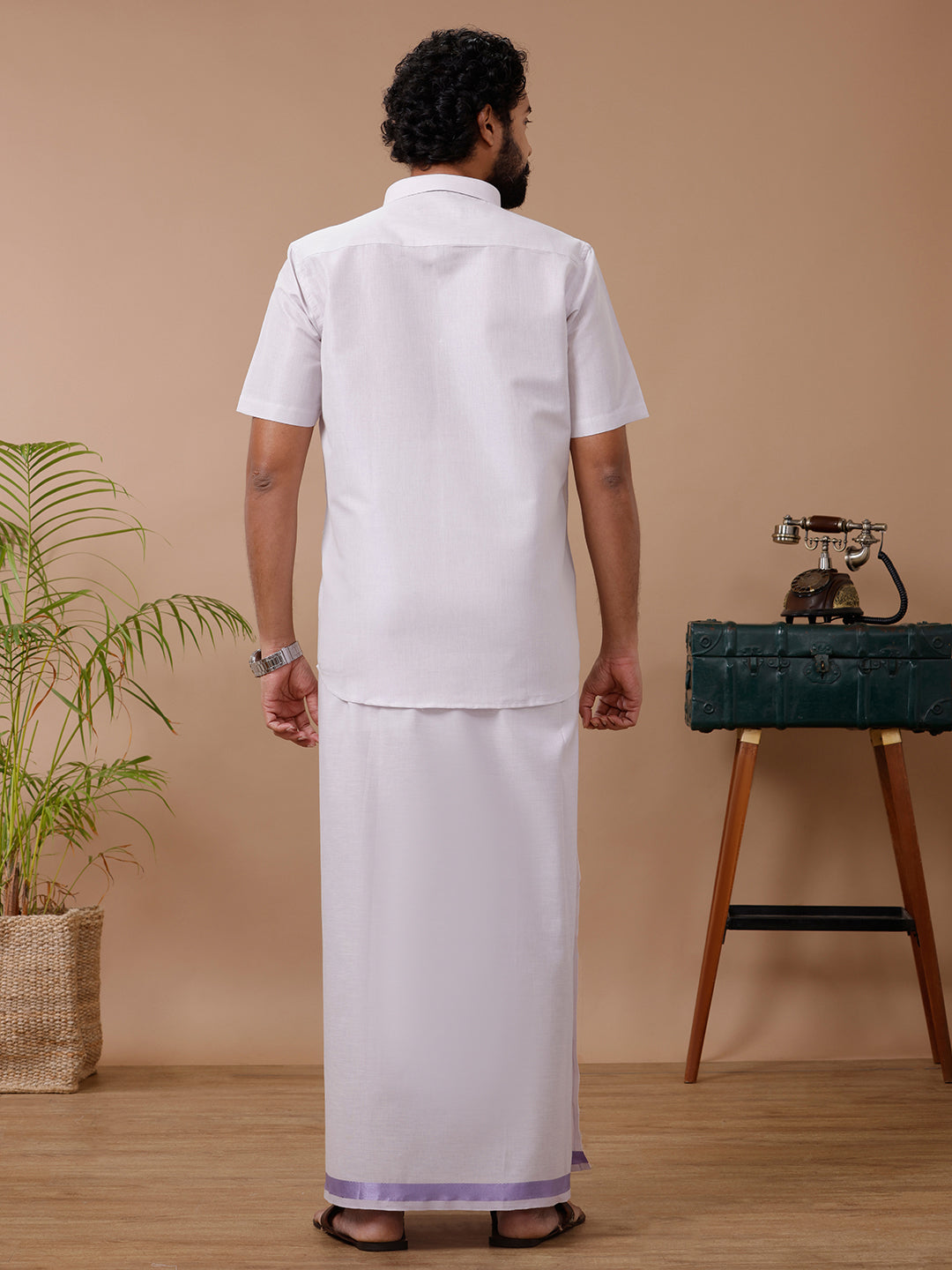 Mens Tissue Lavender Dhoti & Half Sleeves Shirt Set