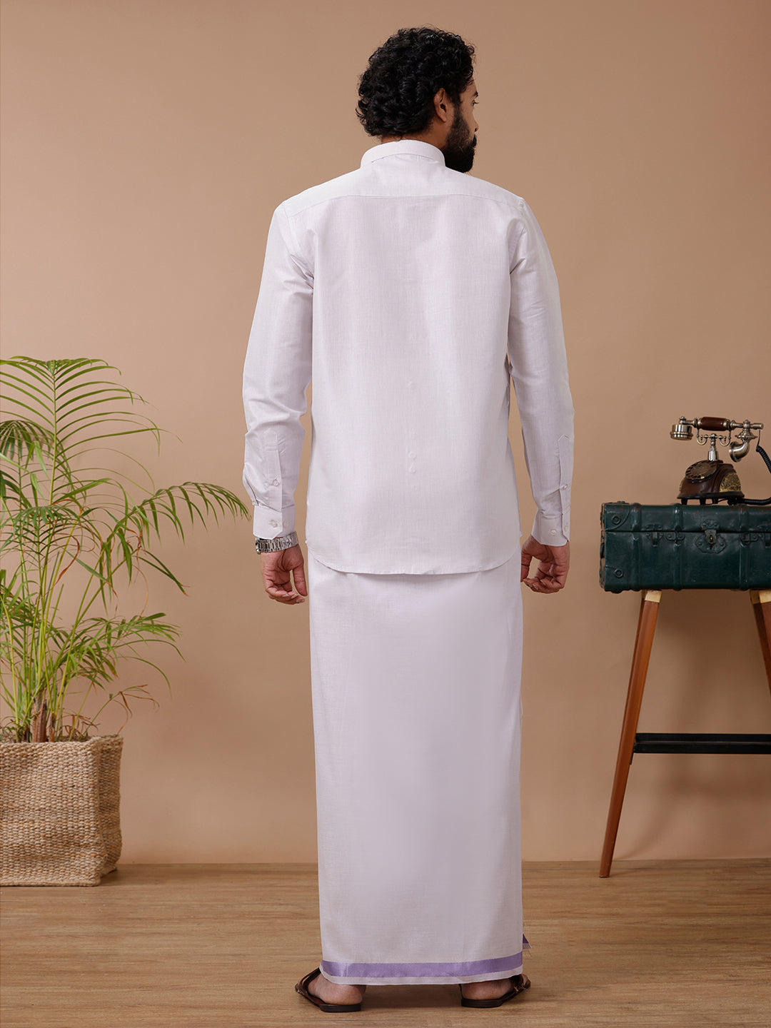 Men Tissue Lavender Dhoti & Full Sleeves Shirt Set