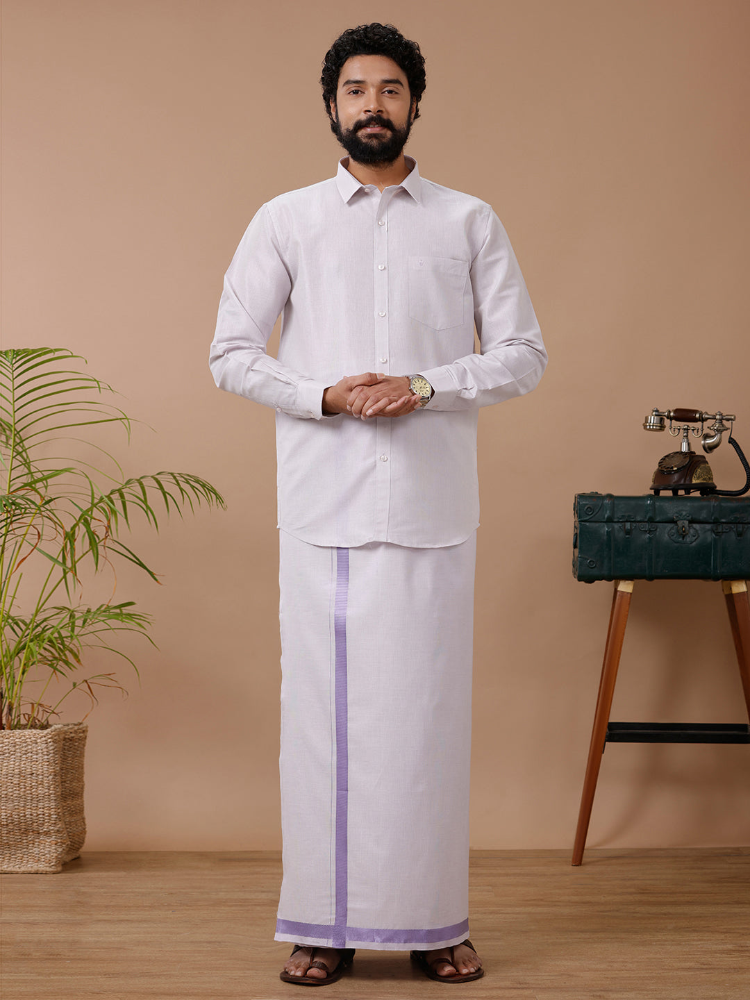 Mens Tissue Lavender Dhoti & Full Sleeves Shirt Set