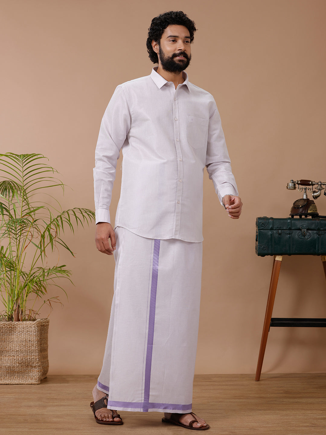 Men Tissue Lavender Dhoti & Full Sleeves Shirt Set