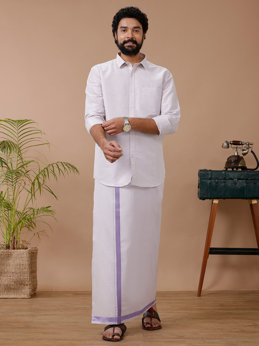 Men Tissue Lavender Dhoti & Full Sleeves Shirt Set