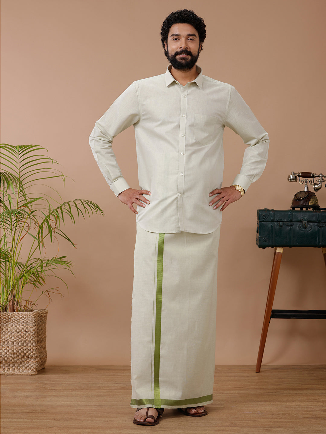 Mens Tissue Moss Green Dhoti & Full Sleeves Shirt Set