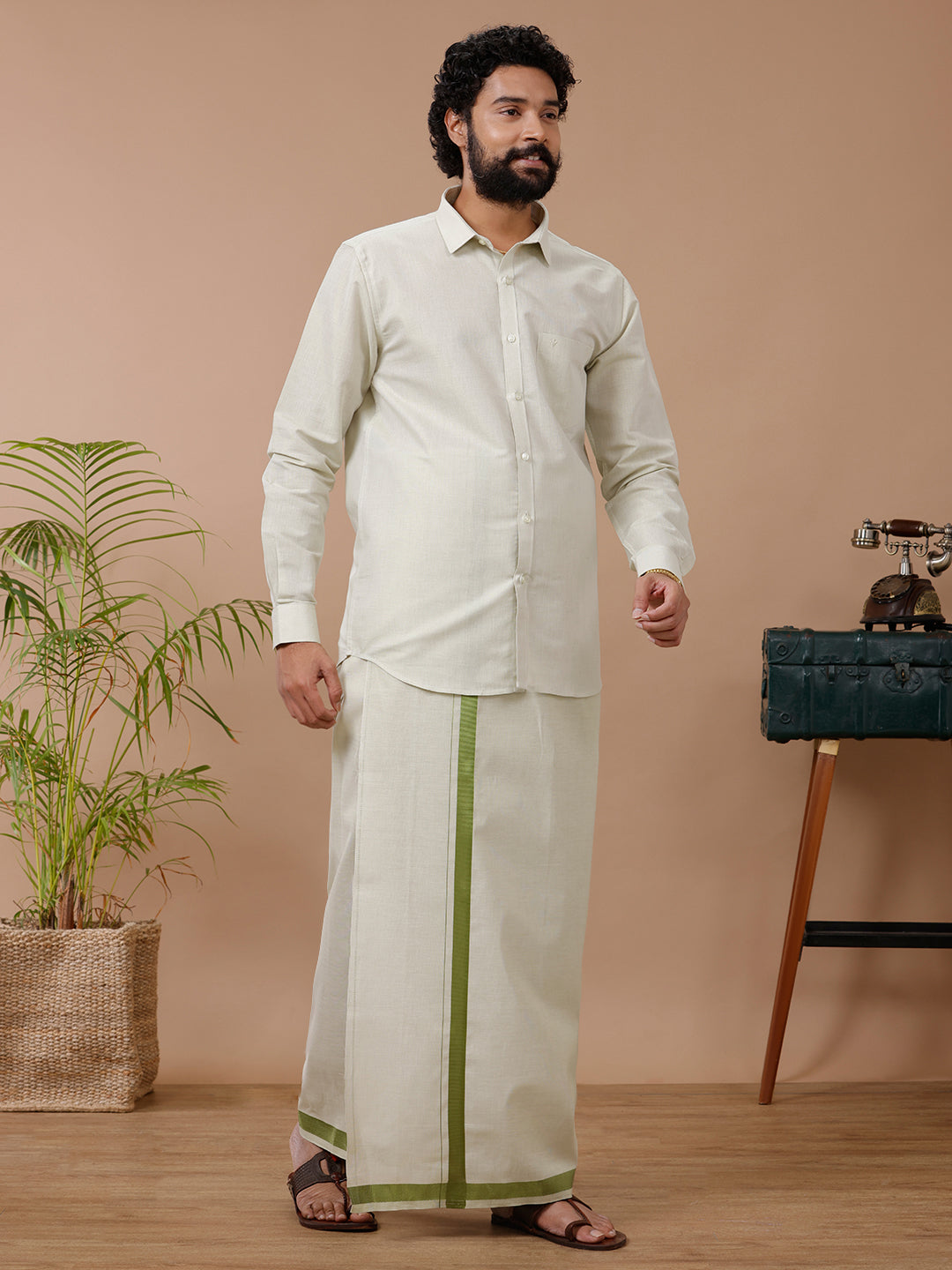 Mens Tissue Moss Green Dhoti & Full Sleeves Shirt Set