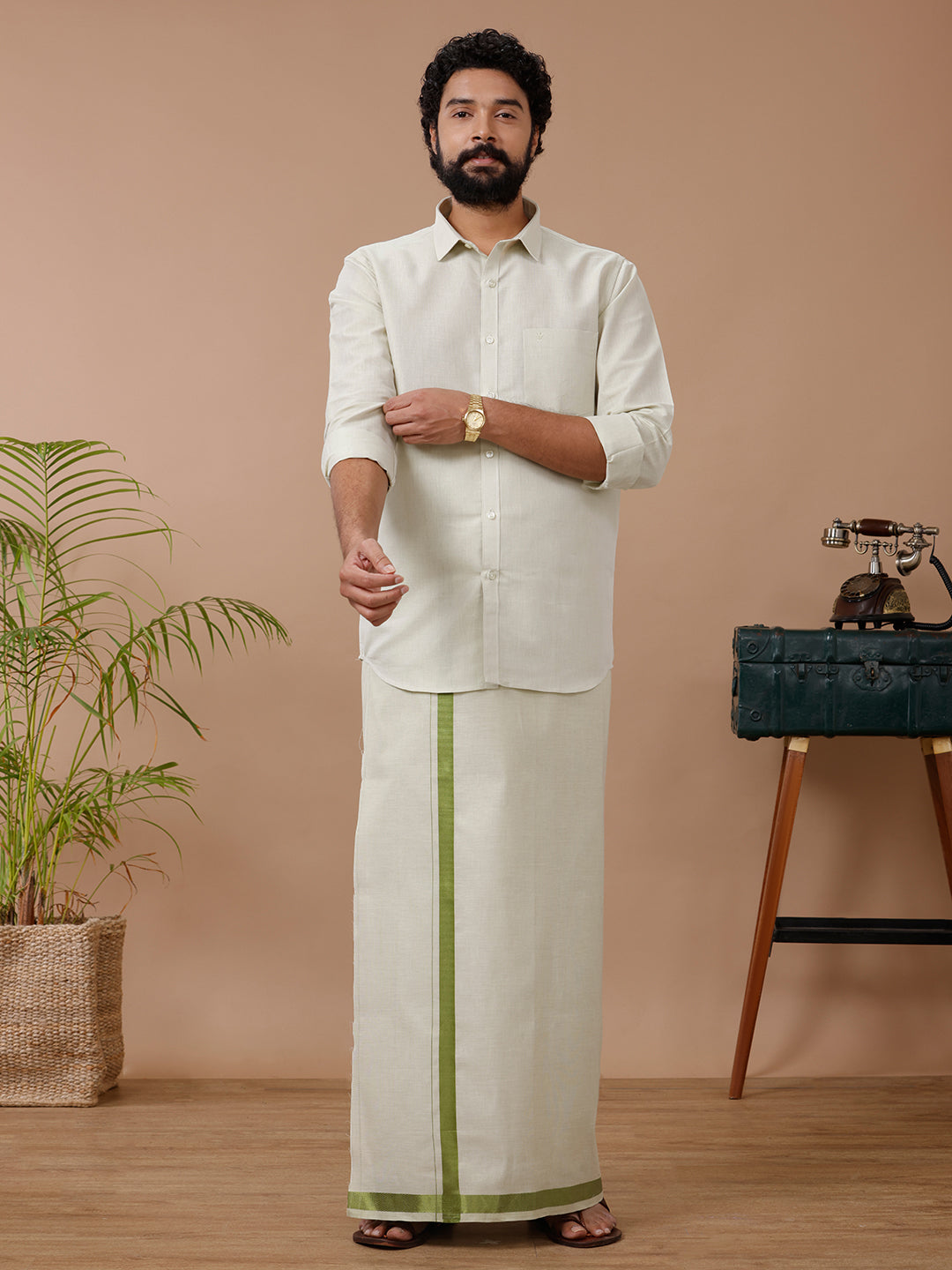 Men Tissue Moss Green Dhoti & Full Sleeves Shirt Set