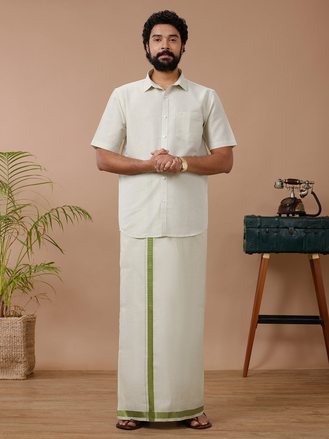 Mens Tissue Moss Green Dhoti & Half Sleeves Shirt Set