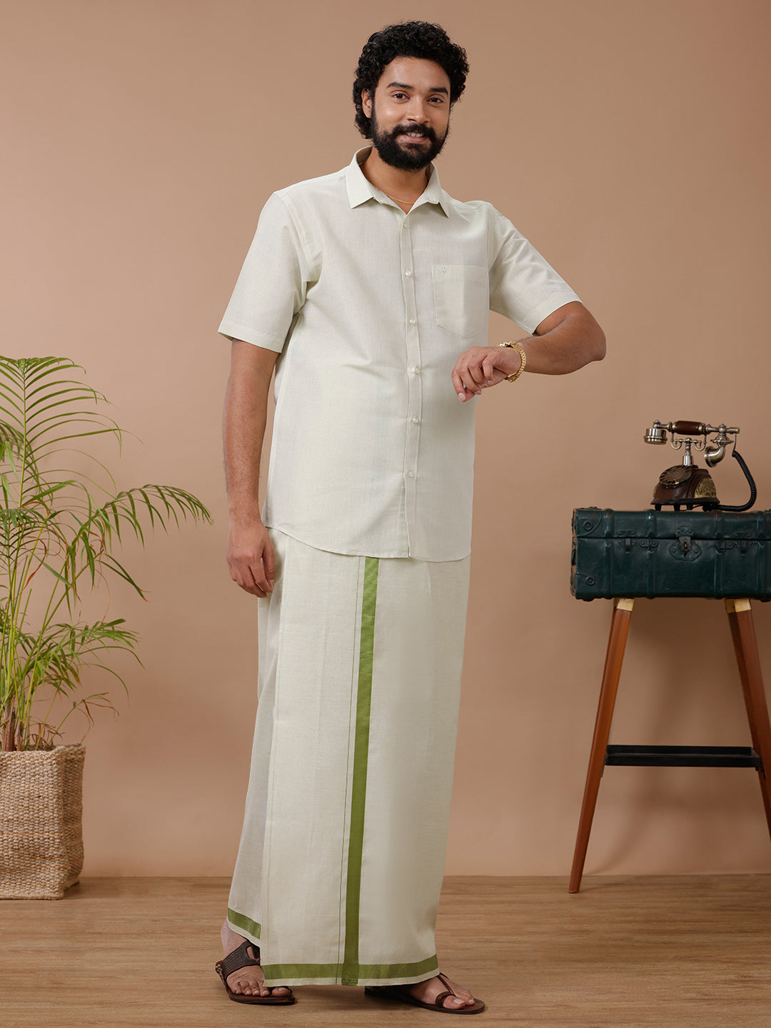 Men Tissue Moss Green Dhoti & Half Sleeves Shirt Set