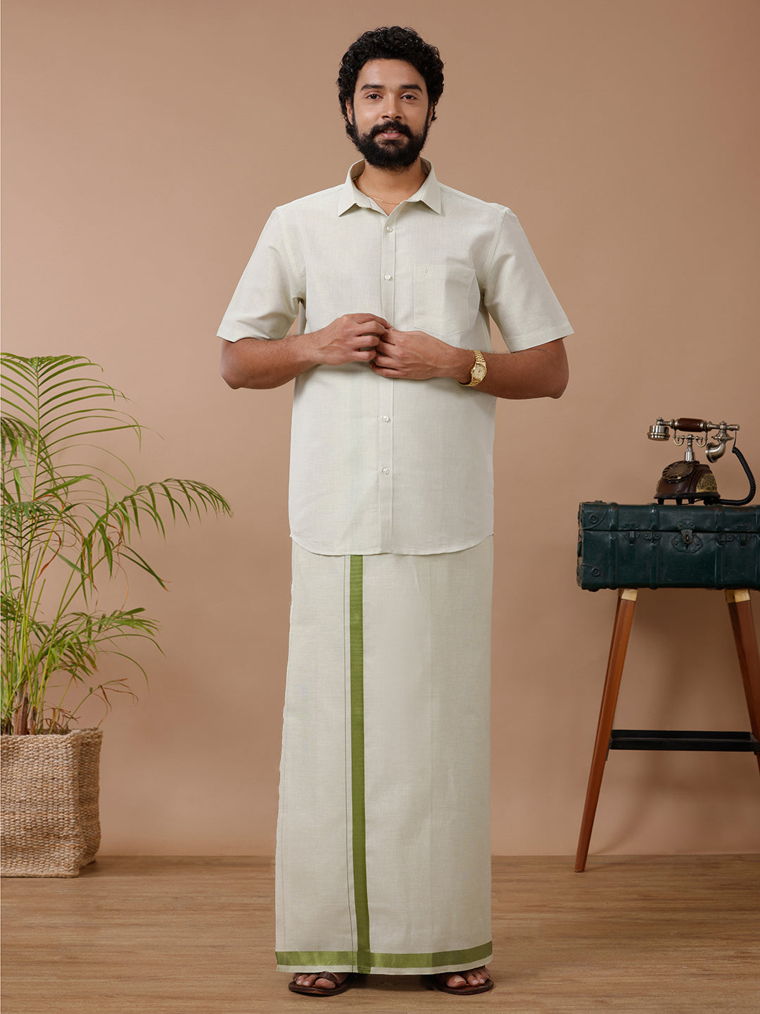 Men Tissue Moss Green Dhoti & Half Sleeves Shirt Set