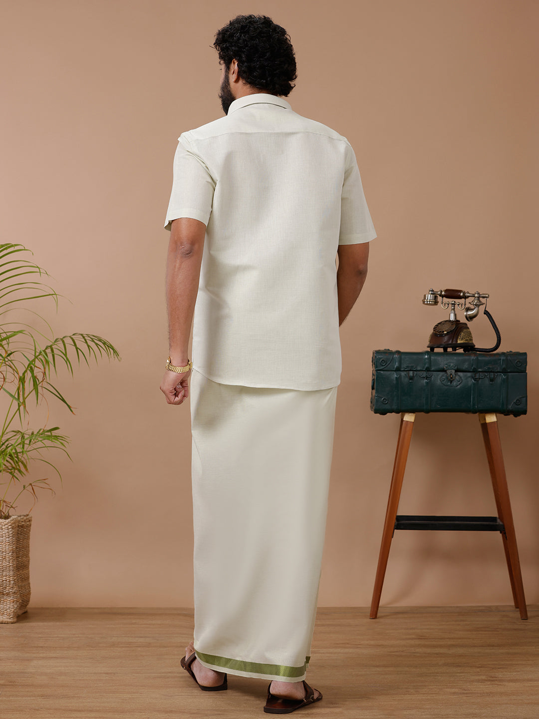 Men Tissue Moss Green Dhoti & Half Sleeves Shirt Set