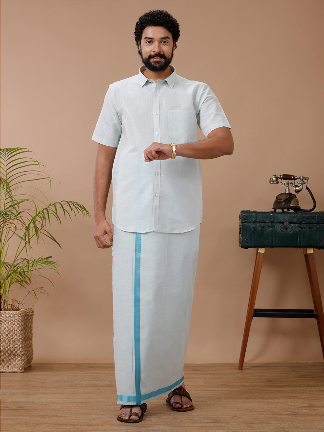 Mens Tissue Cyan Dhoti & Half Sleeves Shirt Set