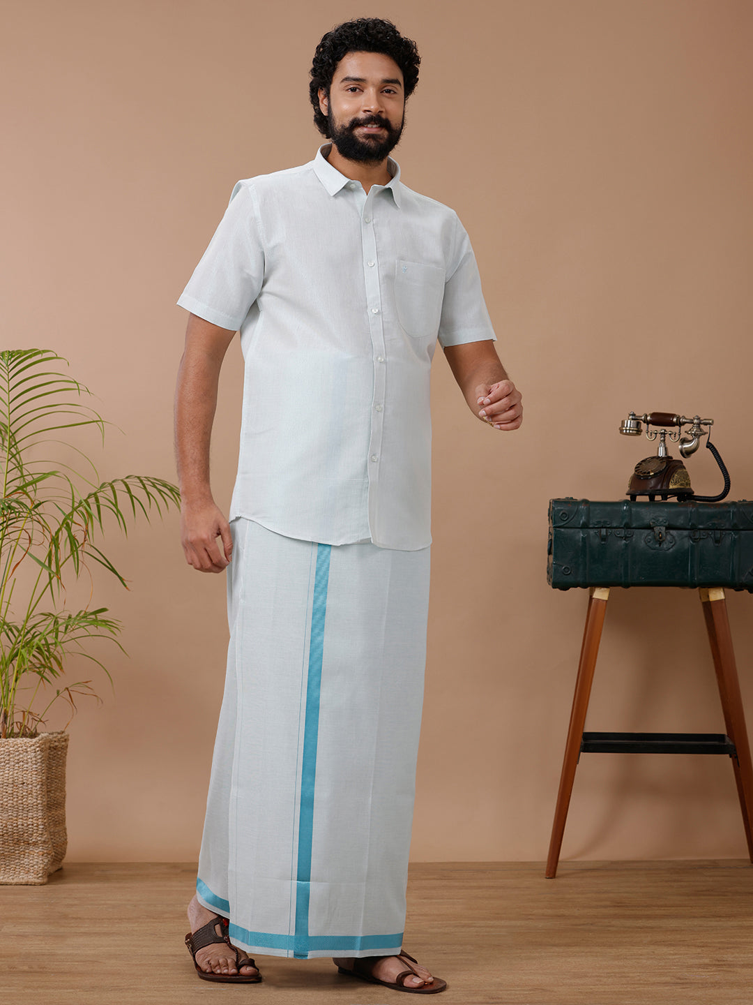 Mens Tissue Cyan Dhoti & Half Sleeves Shirt Set