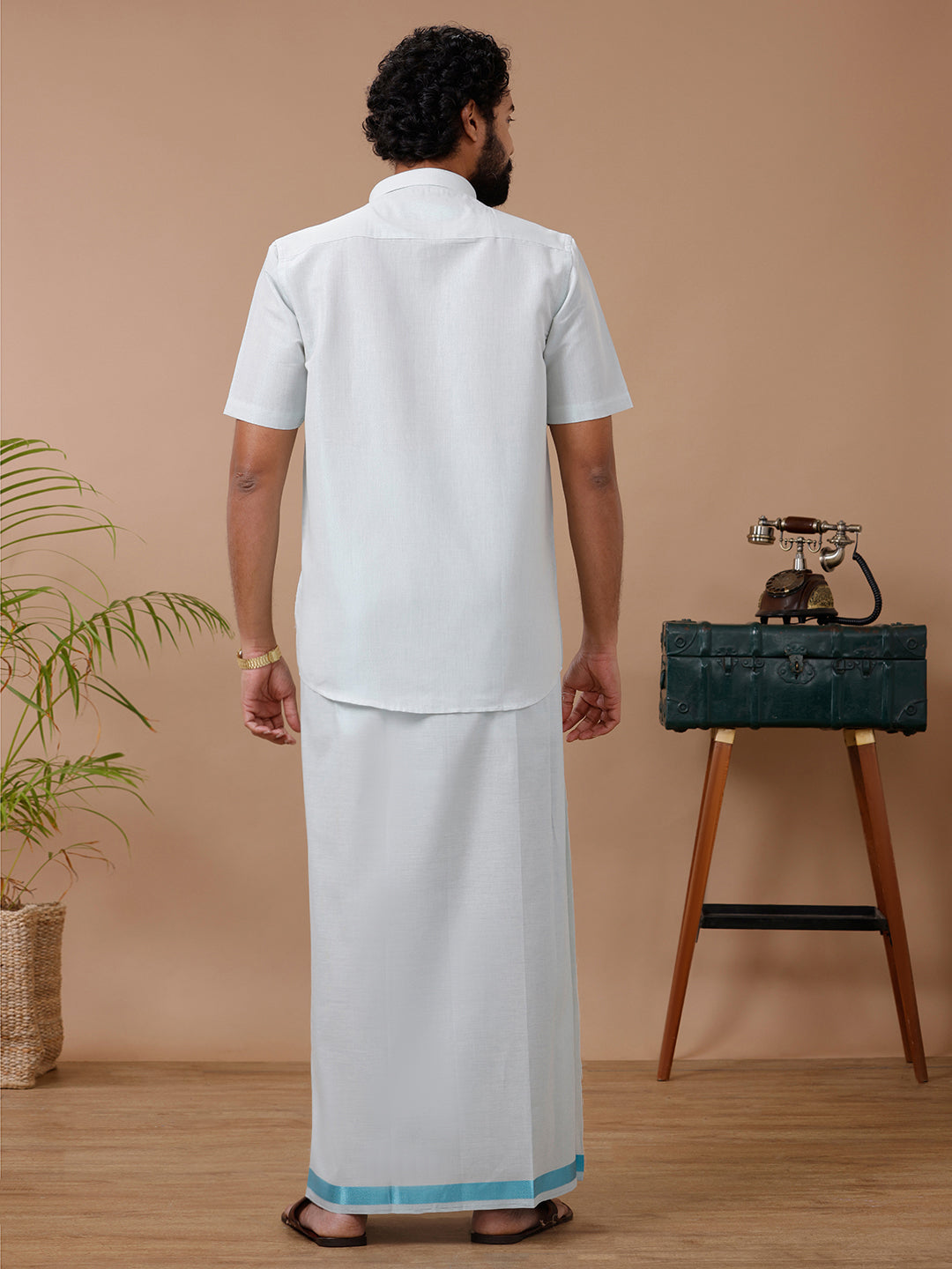 Mens Tissue Cyan Dhoti & Half Sleeves Shirt Set