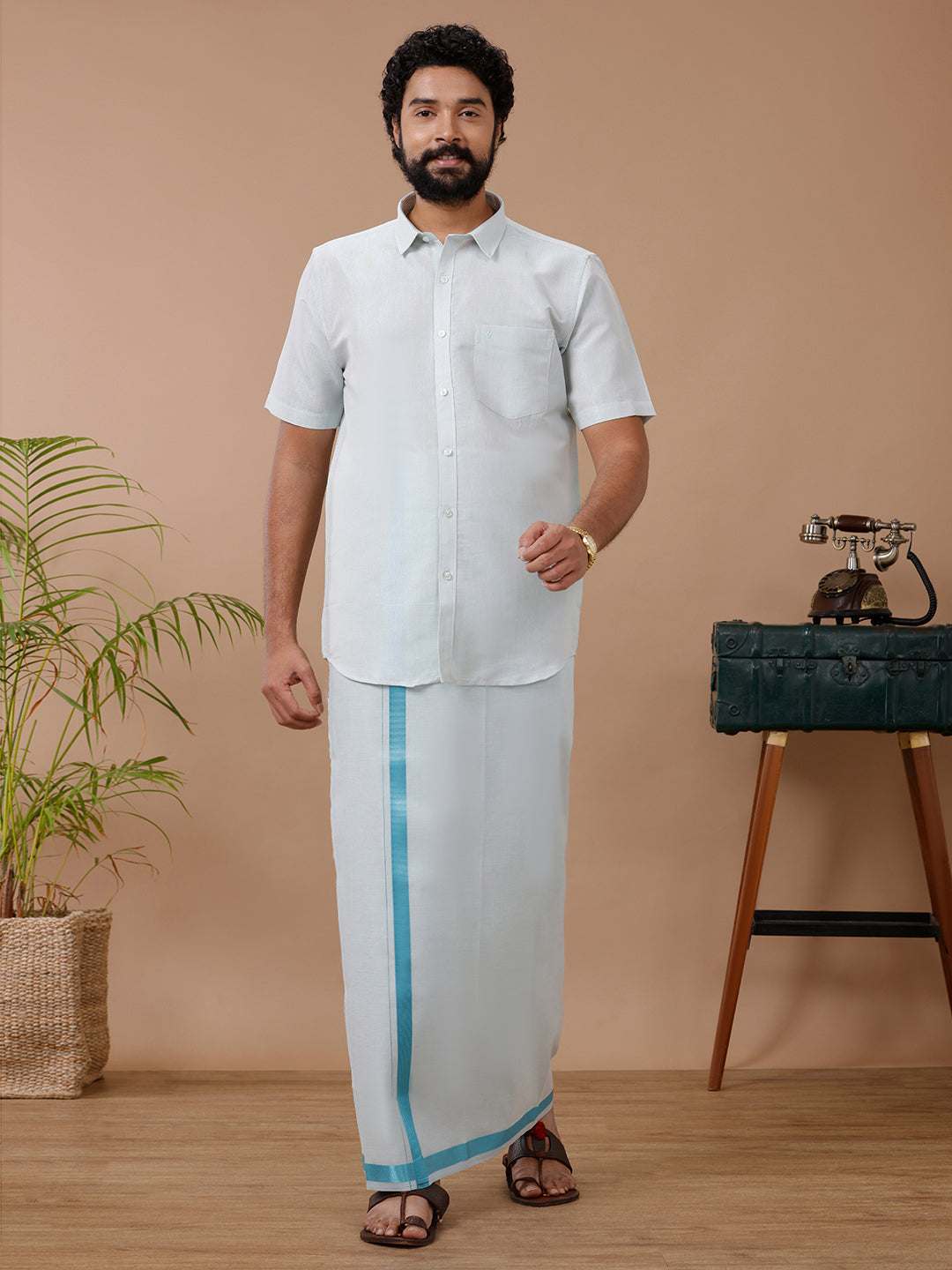 Mens Tissue Cyan Dhoti & Half Sleeves Shirt Set