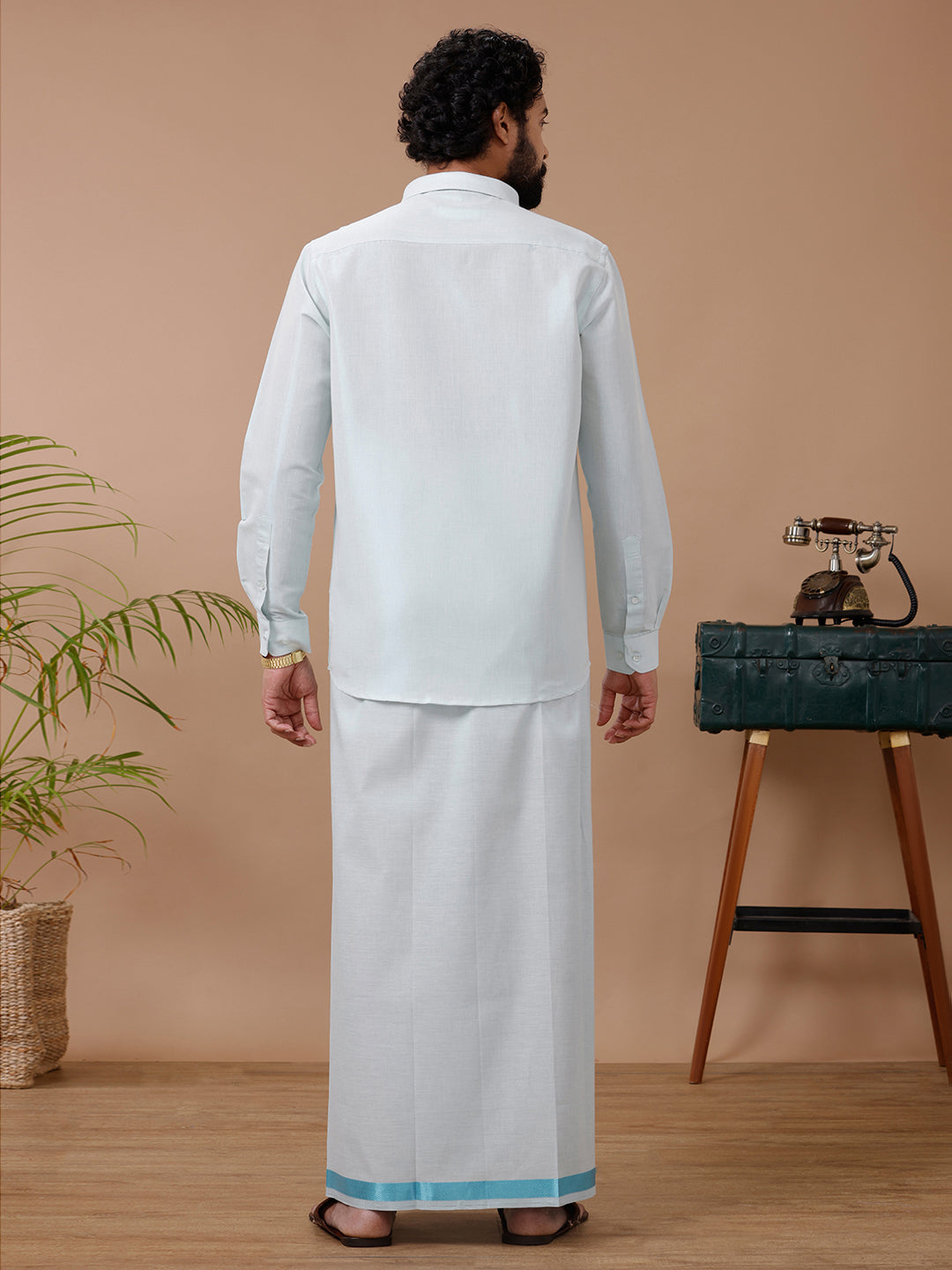 Men Tissue Cyan Dhoti & Shirt Set