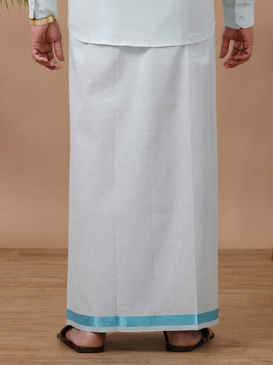 Men Tissue Readymade Single Layer Cyan Dhoti with Jari Border Viceroy