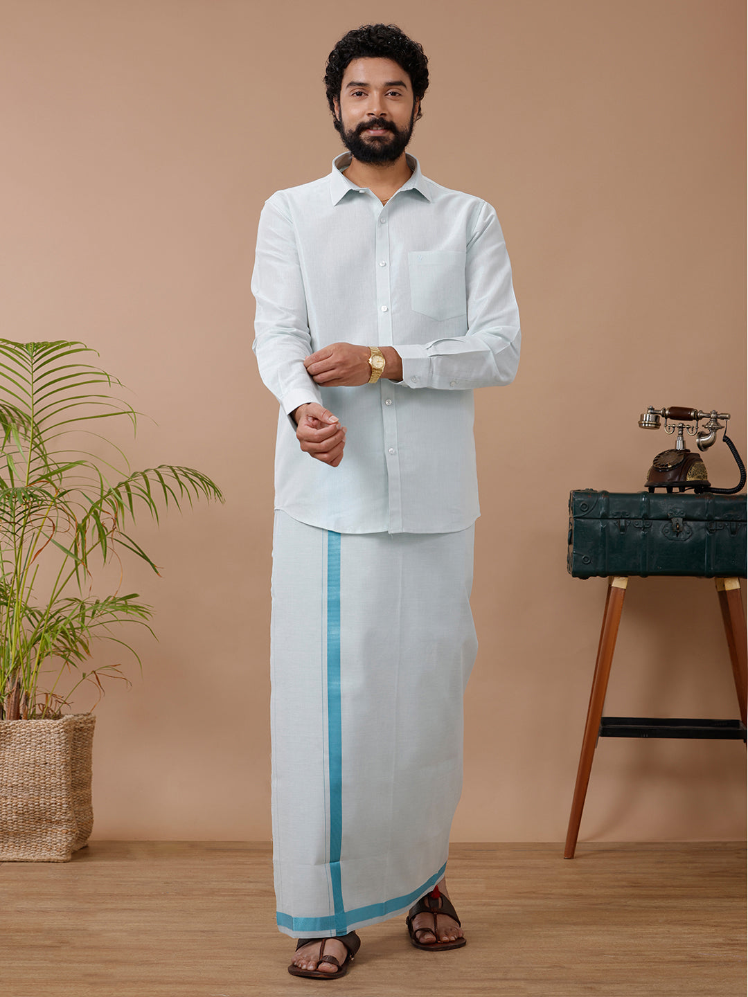 Mens Tissue Cyan Dhoti &Full Sleeves Shirt Set