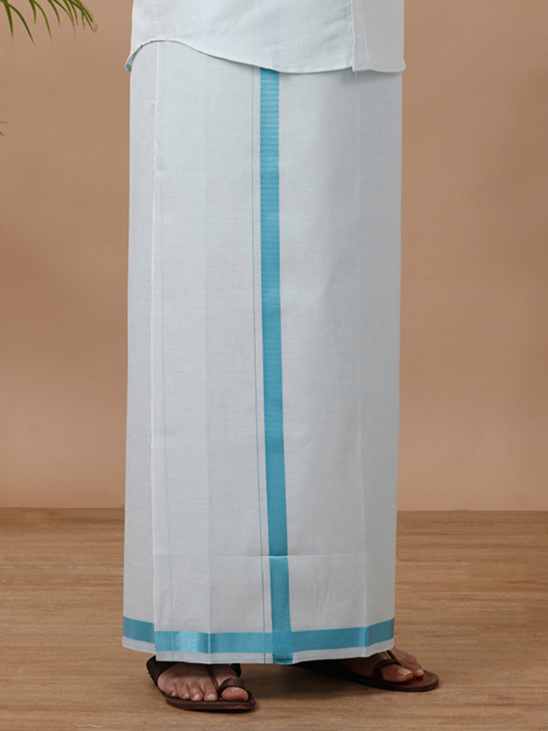 Men Tissue with Cyan Blue Fancy Border Single Layer Dhoti