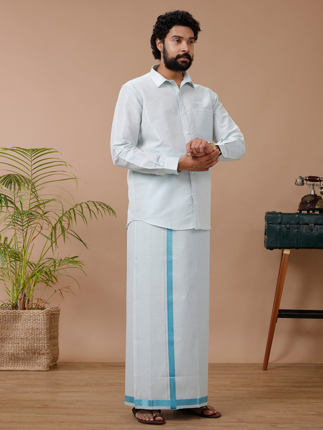 Men Tissue Cyan Dhoti & Shirt Set