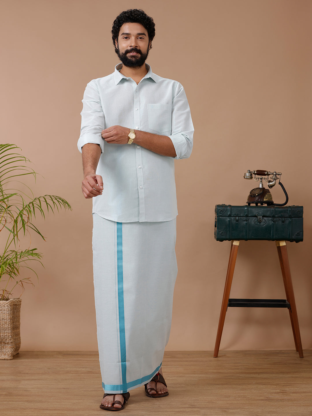 Mens Tissue Cyan Dhoti &Full Sleeves Shirt Set