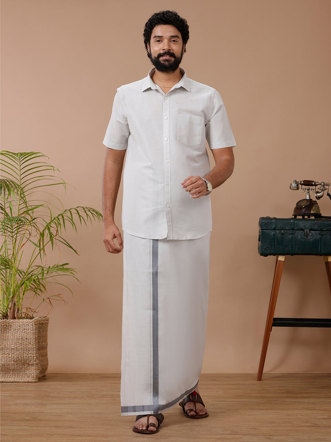 Men Tissue Dhoti & Half Sleeves Shirt Set Steel Grey