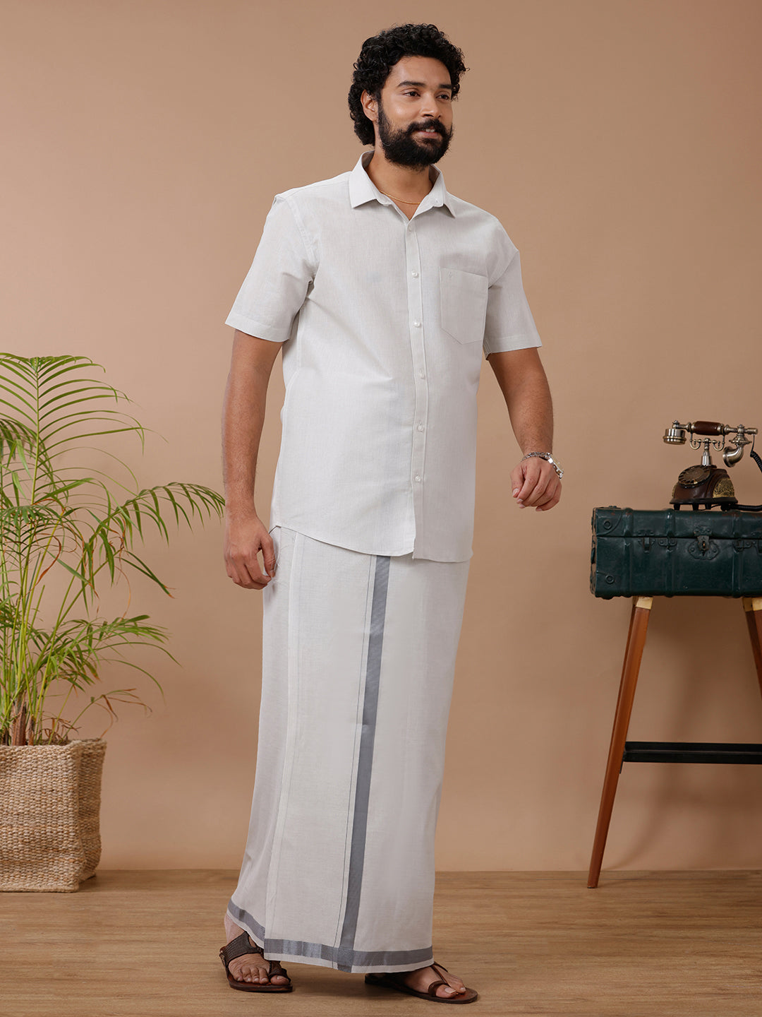 Men Tissue Dhoti & Half Sleeves Shirt Set Steel Grey