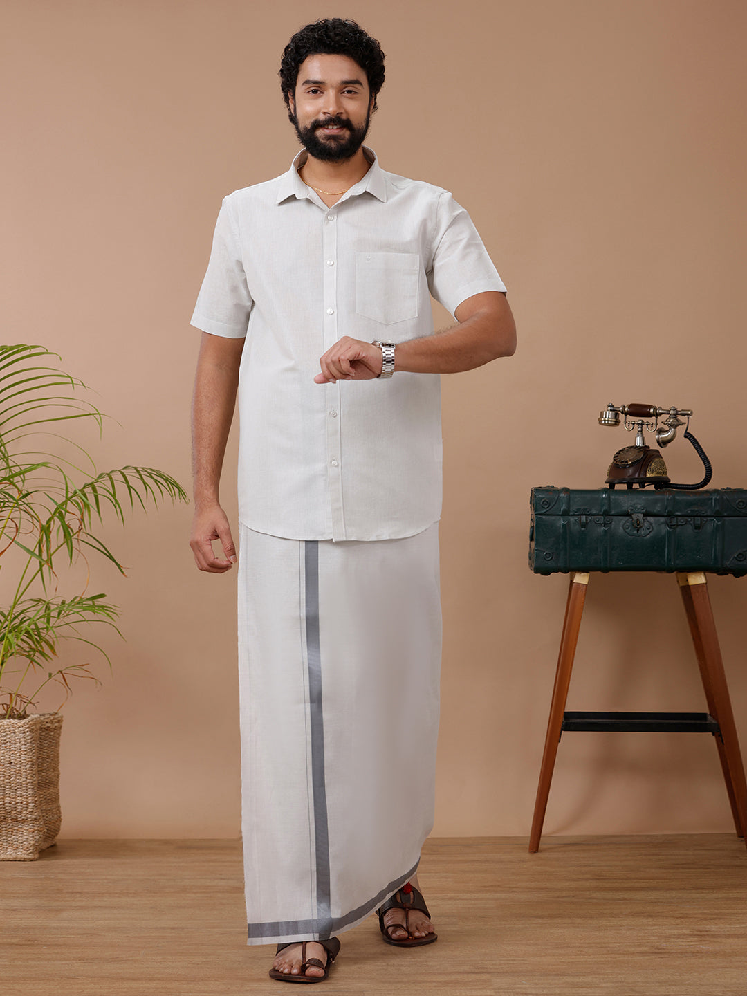 Men Tissue Dhoti & Half Sleeves Shirt Set Steel Grey