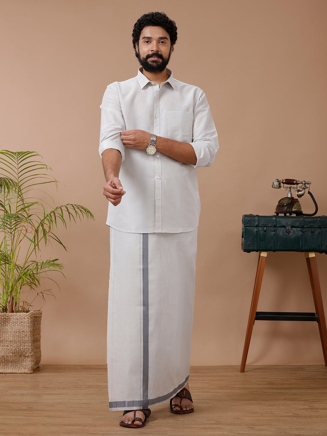 Men Tissue Dhoti & Shirt Set Steel Grey