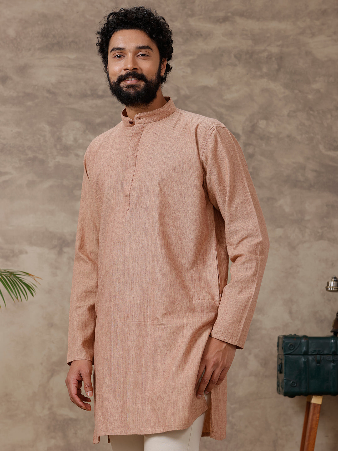 Mens Medium Length Pocket Kurta Reddish Tan PB31