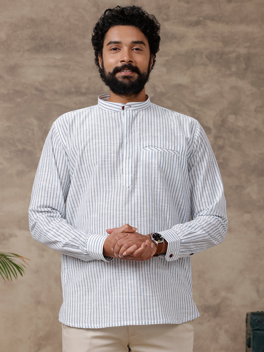 Mens Short Length Pocket Kurta Whitish Blue PB12