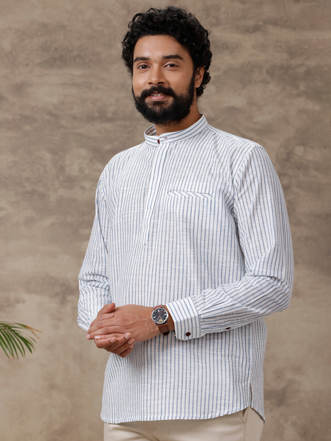 Mens Short Length Pocket Kurta Whitish Blue PB12