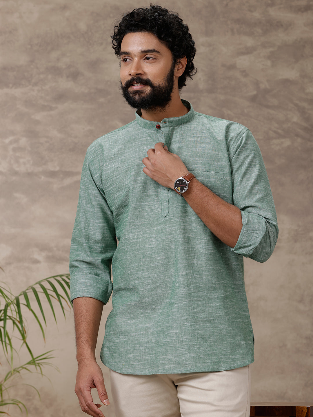 Mens Short Length Pocket Kurta Ash Green PB8