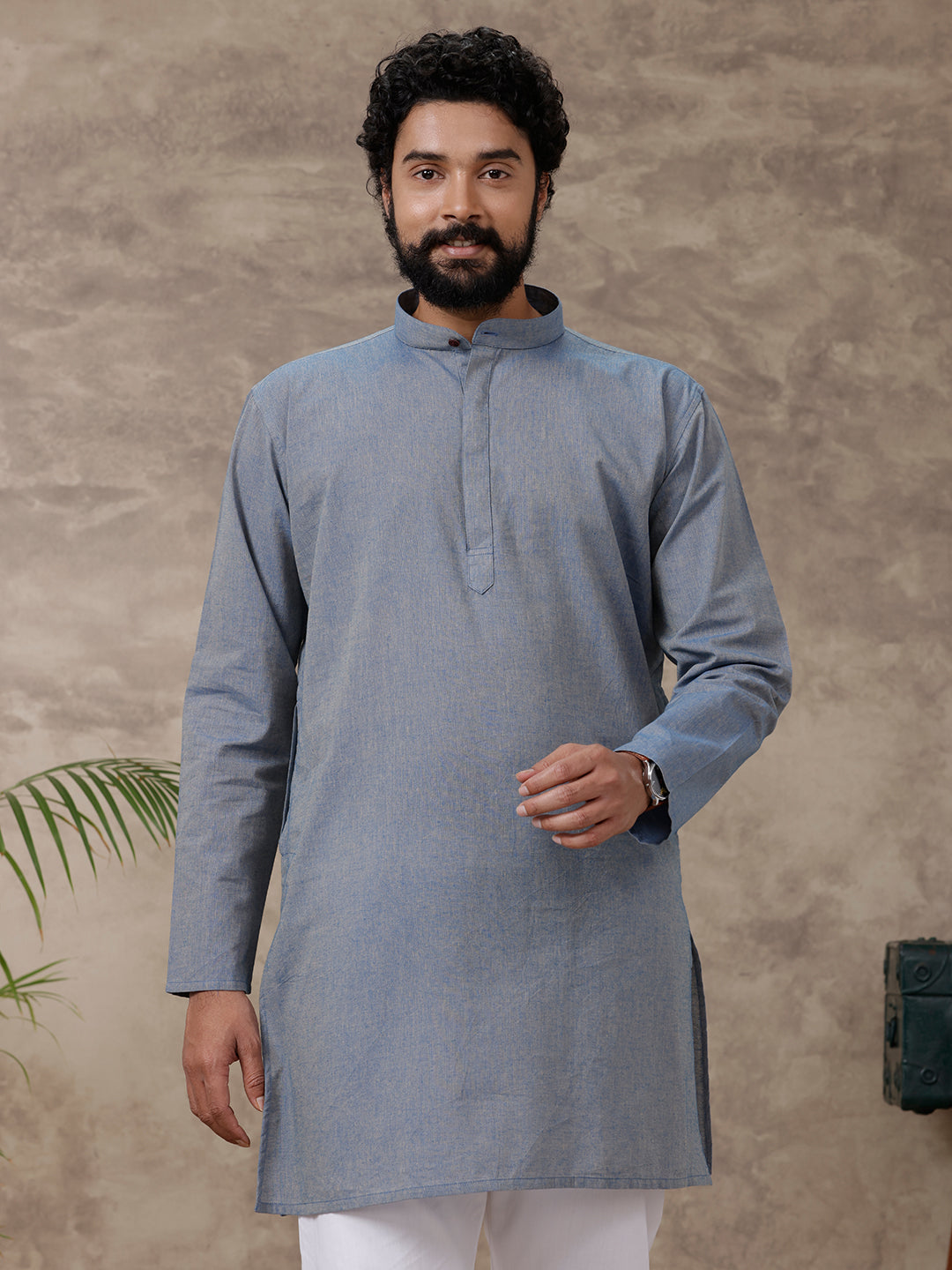 Men Medium Length Pocket Kurta Blue PB34