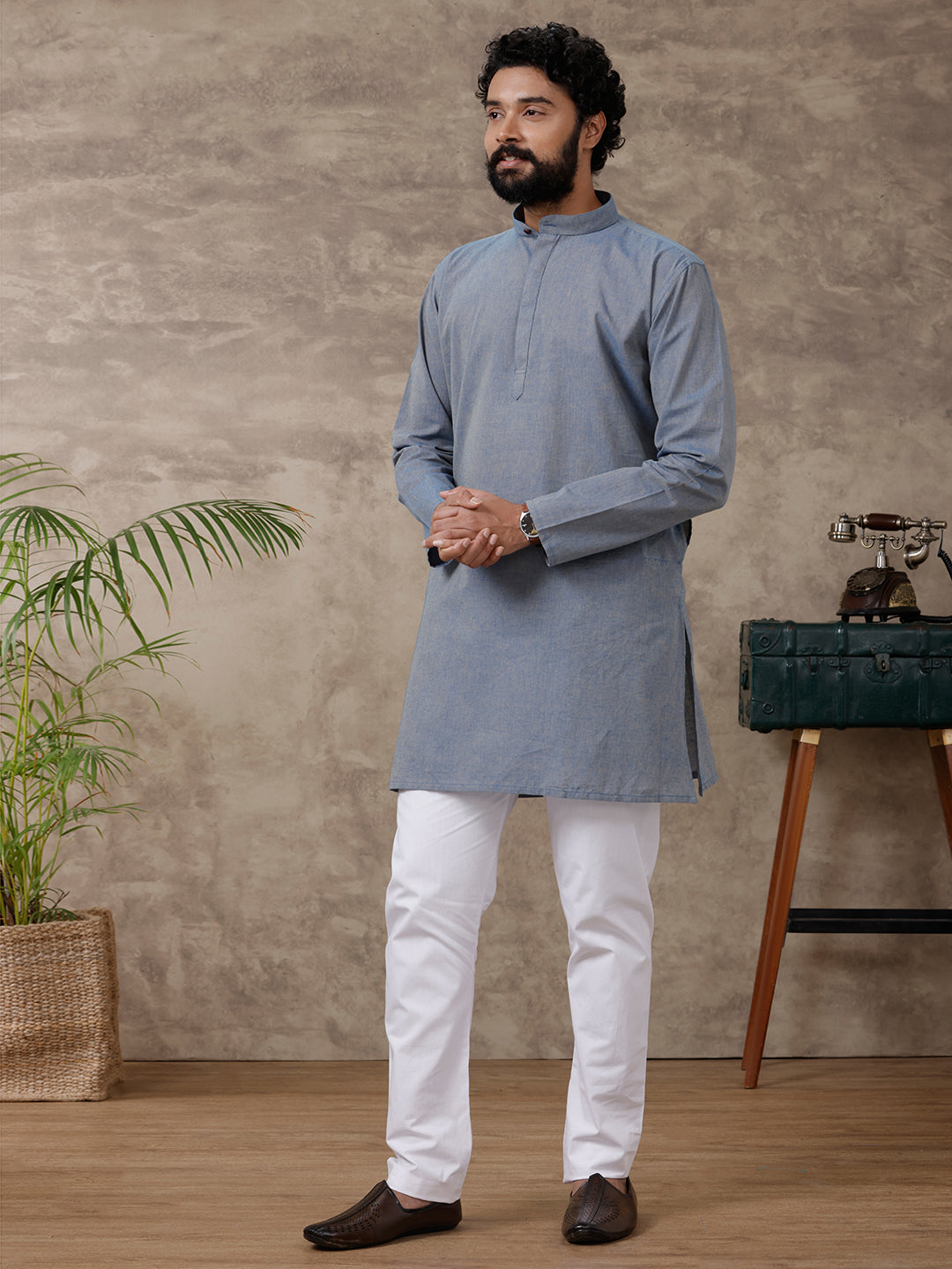 Mens Medium Length Pocket Kurta Blue PB34