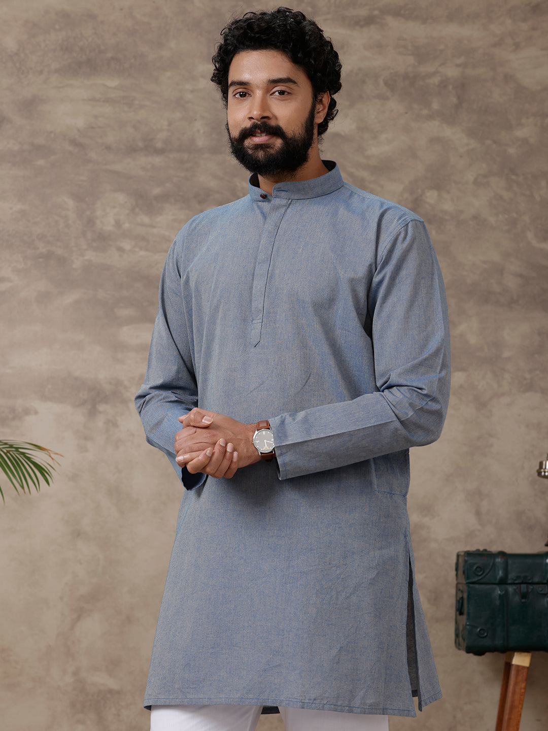 Men Medium Length Pocket Kurta Blue PB34