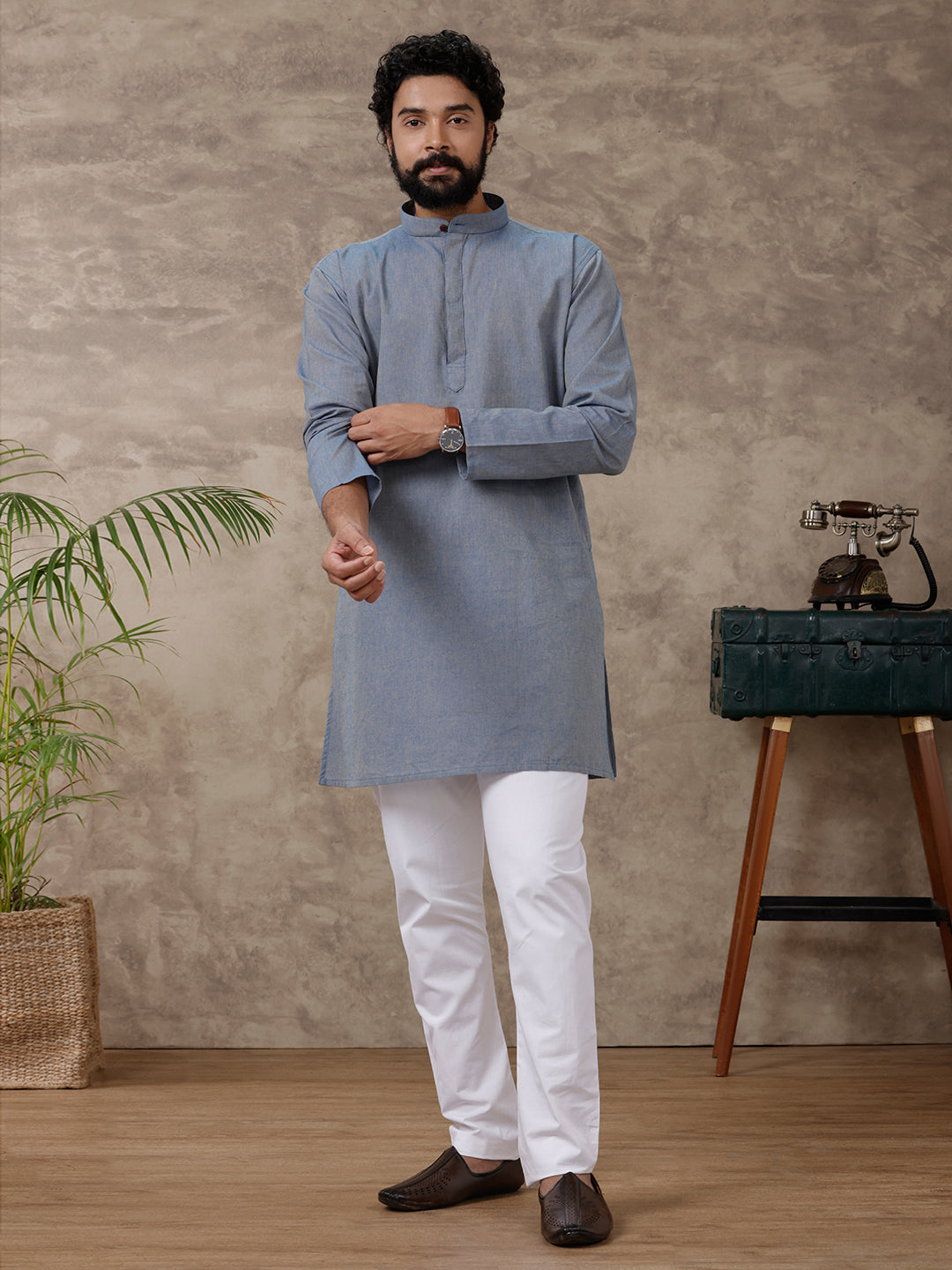 Mens Medium Length Pocket Kurta Blue PB34