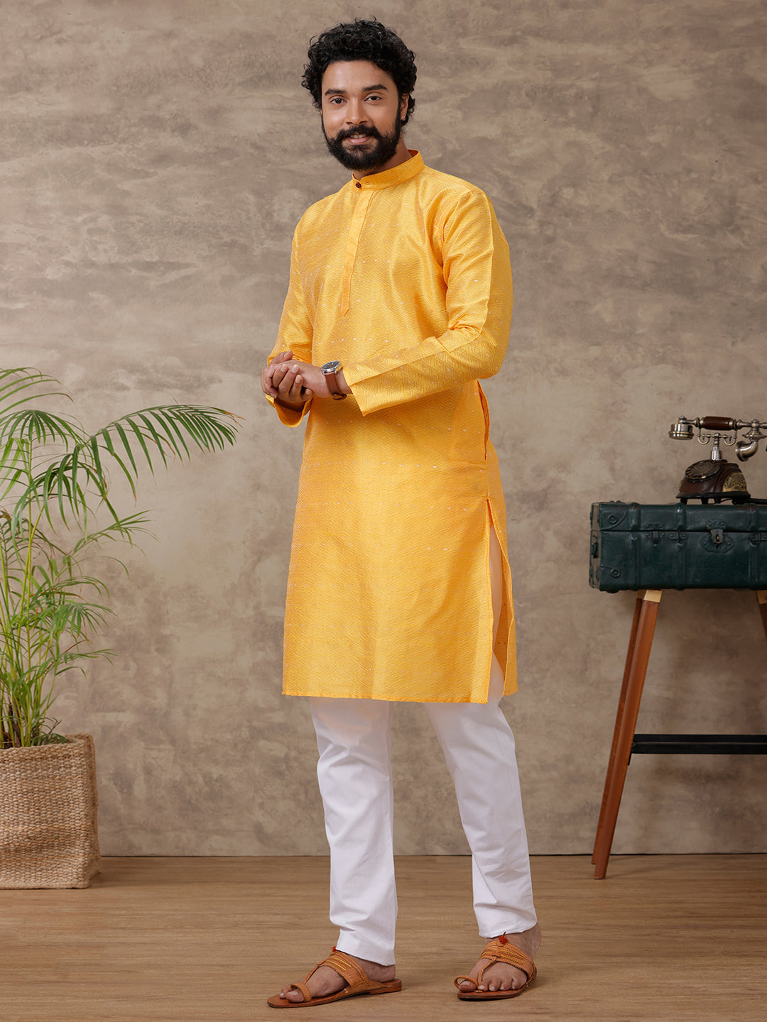 Mens Full Length Pocket Kurta Yellow Y14