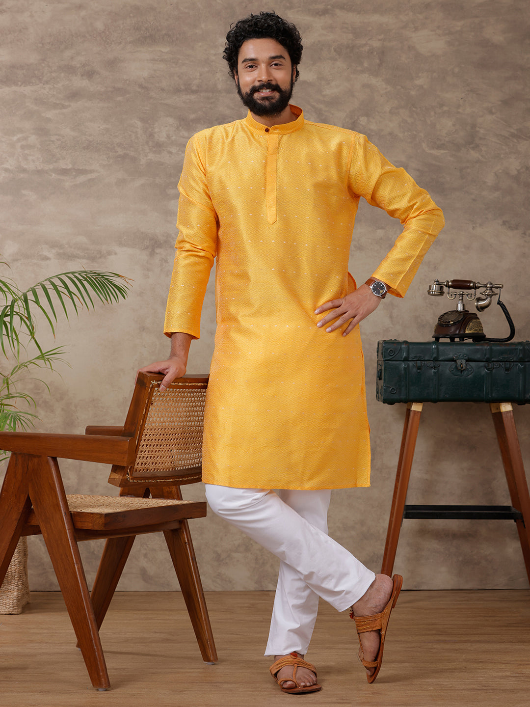 Mens Full Length Pocket Kurta Yellow Y14