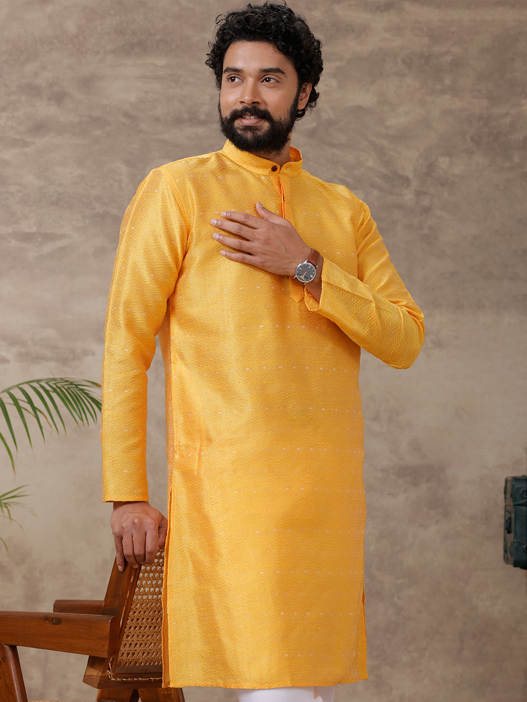 Mens Full Length Pocket Kurta Yellow Y14